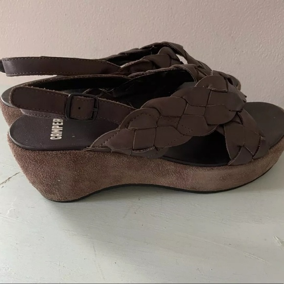 Camper Braided Strap Brown Leather Wedge Size 38 US 7 - Picture 5 of 8